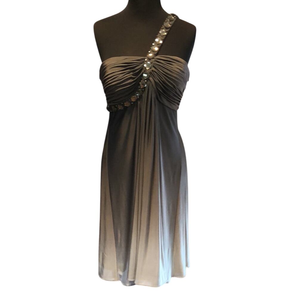 Cache Event Lined Dress Stretch 1 Shoulder Gemstone Ruched Grey Ombre Size 12 L